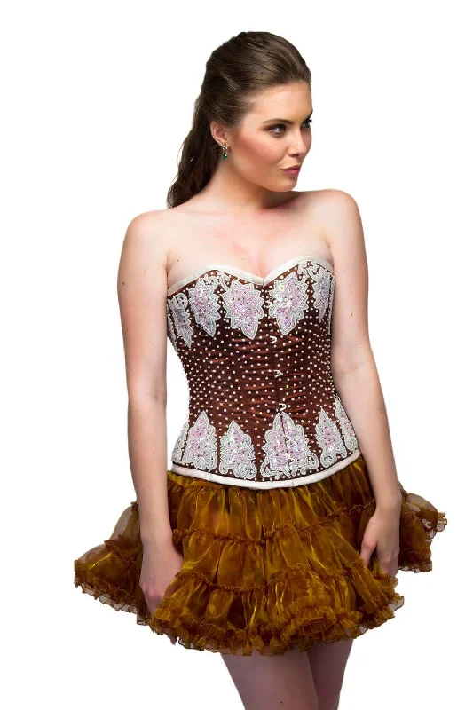 Corset with paisley print-Brown Satin White Sequins Waist Cincher Overbust Corset Top