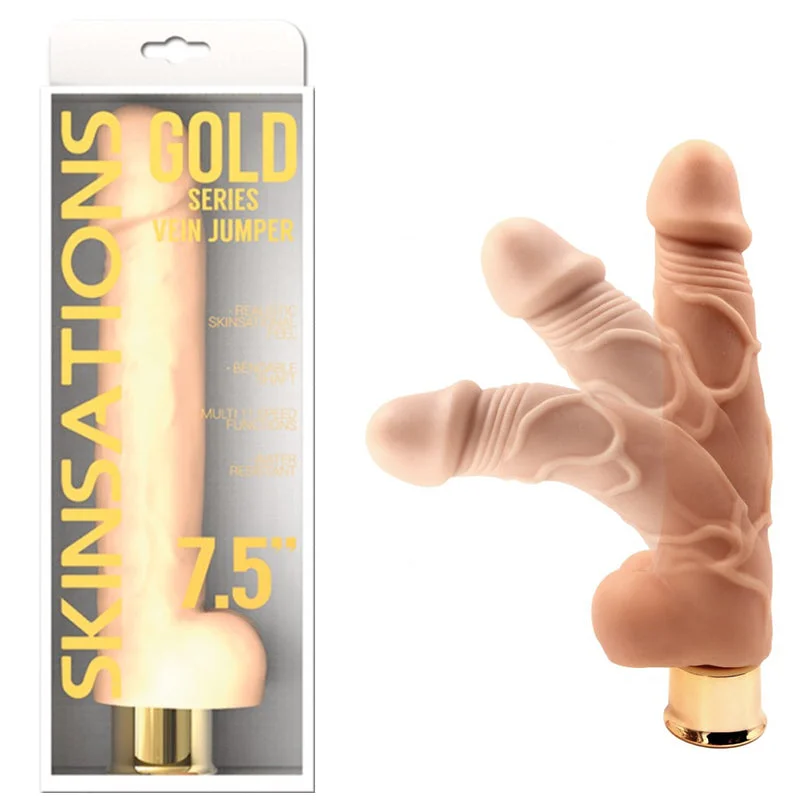 motion-sensor-dildo-Skinsations Gold Series Vein Jumper 7.5in Vibrating Dildo Multi Function