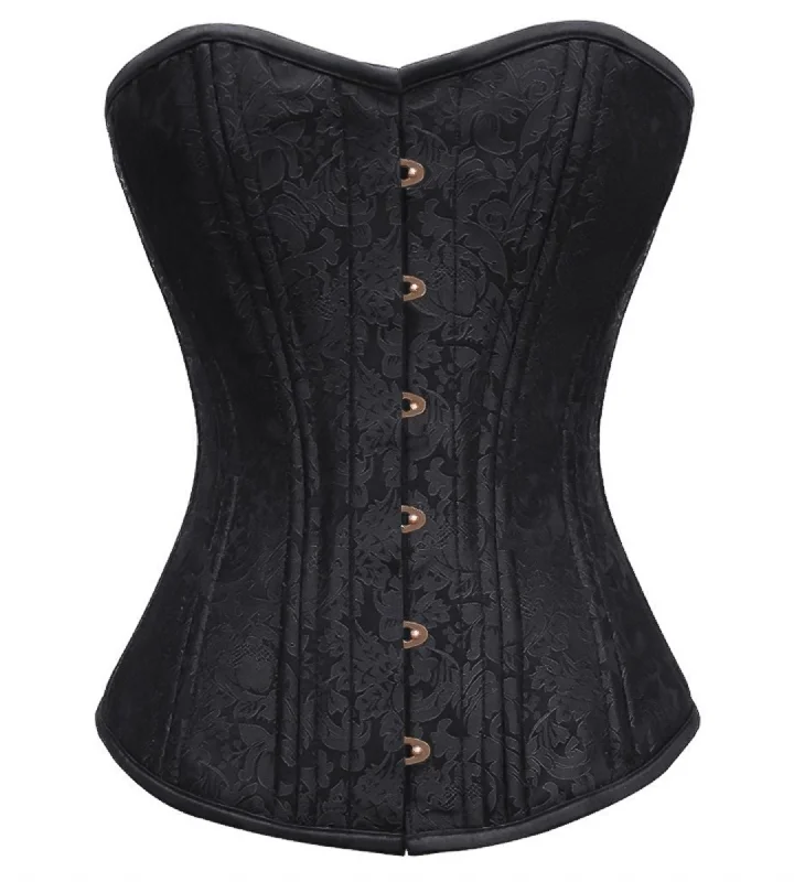 Corset with ruched inserts-Black Brocade Spiral Steel Boned Overbust Plus Size Corset Antique Busk Waist Training Bustier Top