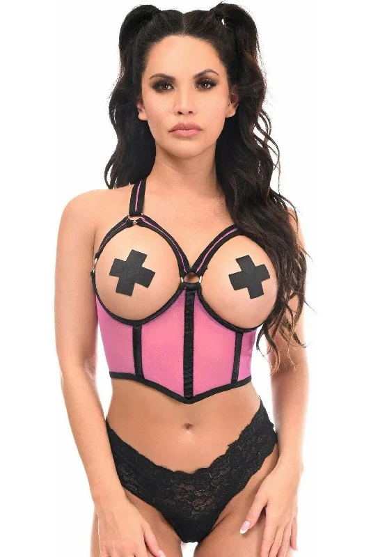 Sex toys with wave pulses-Lavish Pink Underwire Open Cup Mesh Cincher w/Criss Cross Back