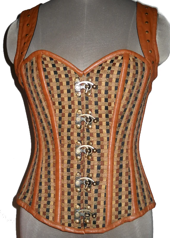 Corset in light silver-Cotton Jute And Brown Leather Shoulder Strap Gothic Steampunk Waist Training Bustier Overbust Corset Top