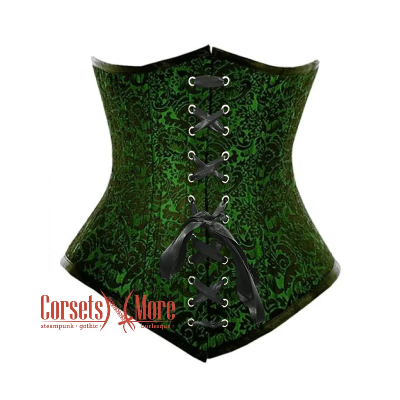 Corset dress in rich taupe-Green And Black Brocade Double Boned With Front Lace Waist Training Underbust Gothic Corset Bustier Top