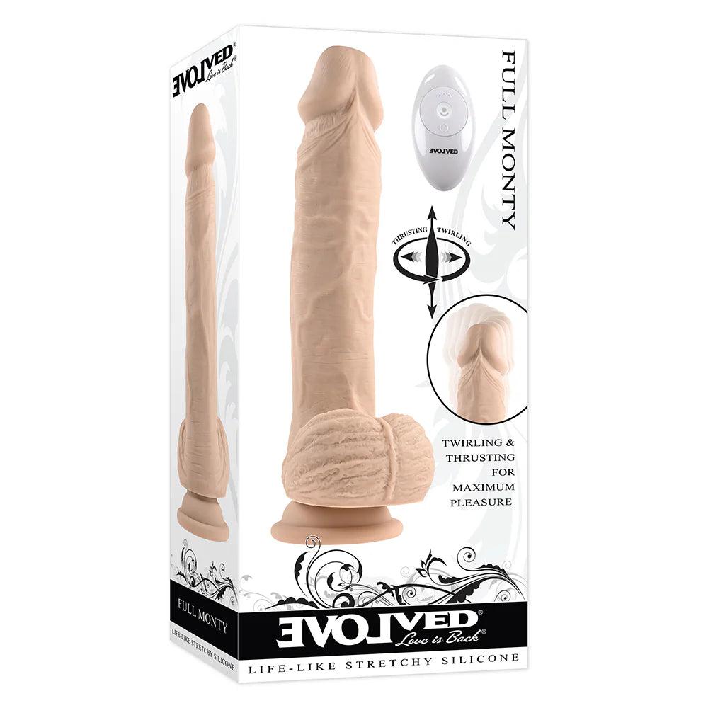 battle-ready-dildo-Evolved Full Monty Rechargeable Remote-Controlled Thrusting Twirling 9 in. Silicone Dildo