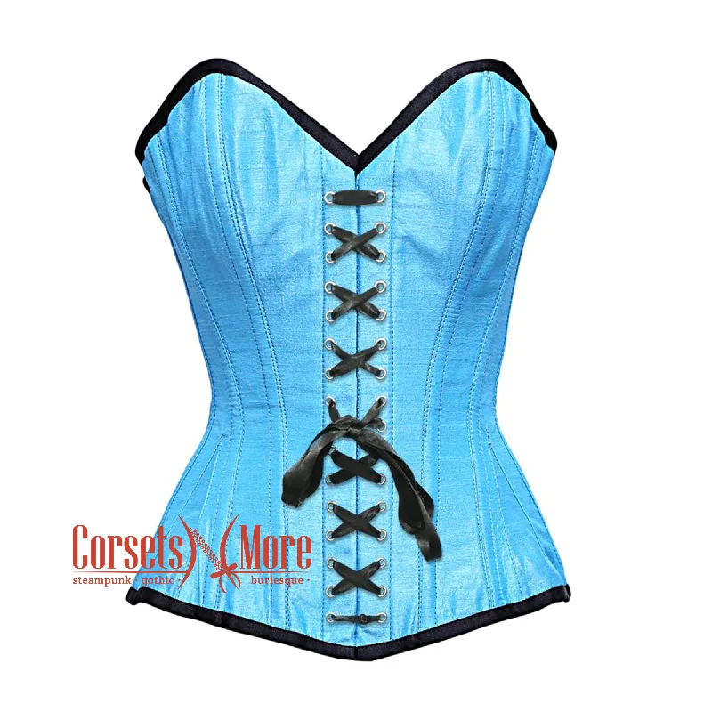 Corset dress in muted gold-Baby Blue Satin Burlesque Front Lace Waist Training Costume Gothic Corset Overbust Top