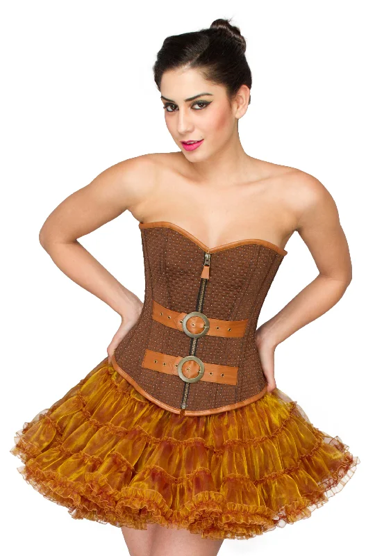 Corset for modern grace-Brown Cotton Brocade with Leather Belts Overbust Corset Top