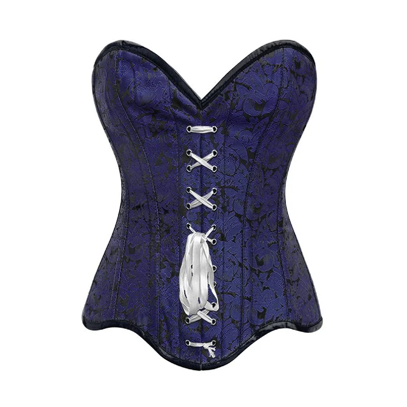 Corset with lace overlay-Blue Brocade Gothic With Front White Ribbon Overbust Corset