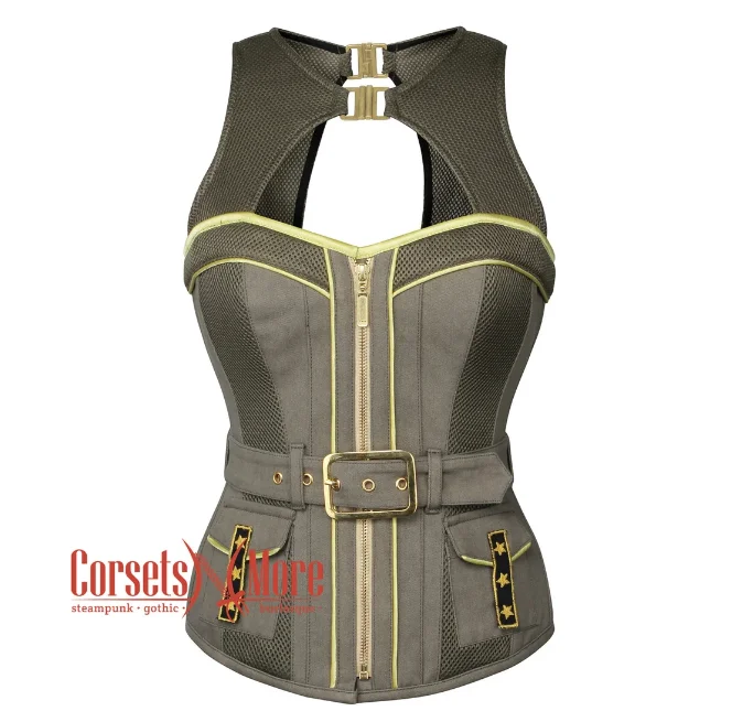 Corset for sleek flair-Olive Green Cotton Overbust Corset with Mesh Military Costume