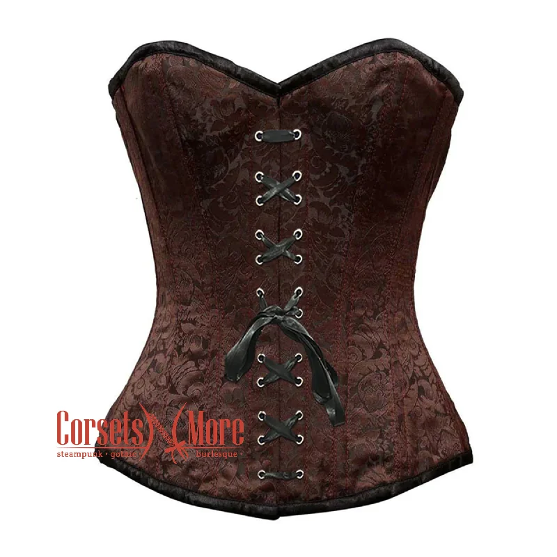 Corset dress for evening grace-Brown Brocade With Front Lace Overbust Corset